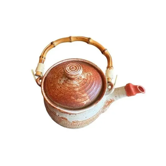 Handmade Rustic Stone Studio Pottery “Mingei-sota” Style Tea Pot & 4 Unique Tea